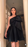 Black One Shoulder A-Line Satin Short Party Dresses Homecoming Dresses, HZ0319