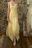 Beauty Prom Dress Light Yellow Spaghetti Straps Pleated Tulle Gala Dress Cocktail Dress Evening Dress HZ0319