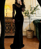 Minimalist Prom Dress Black Velvet High Collar Mermaid Gala Dress Formal Dress Evening Dress HZ0319
