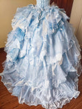 Stunning Prom Dress Light Blue Strapless Tiered Ruffle Evening Dress Quinceanera Dress Ball Gown HZ0319