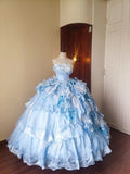 Stunning Prom Dress Light Blue Strapless Tiered Ruffle Evening Dress Quinceanera Dress Ball Gown HZ0319