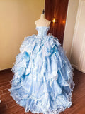 Stunning Prom Dress Light Blue Strapless Tiered Ruffle Evening Dress Quinceanera Dress Ball Gown HZ0319