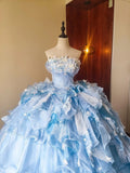 Stunning Prom Dress Light Blue Strapless Tiered Ruffle Evening Dress Quinceanera Dress Ball Gown HZ0319