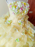 Charming Prom Dress Light Yellow Strapless Floral Ruffle Sweet 16 Dress Quinceanera Dress Ball Gown HZ0319
