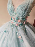 Stunning Prom Dress Light Blue V-neck Pleated Tulle Evening Dress Quinceanera Dress Ball Gown HZ0319