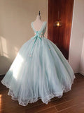 Stunning Prom Dress Light Blue V-neck Pleated Tulle Evening Dress Quinceanera Dress Ball Gown HZ0319