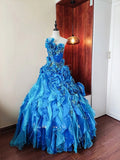 Beauty Prom Dress Blue Strapless Ruffle Tiered Evening Dress Quinceanera Dress Ball Gown HZ0319