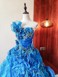 Beauty Prom Dress Blue Strapless Ruffle Tiered Evening Dress Quinceanera Dress Ball Gown HZ0319