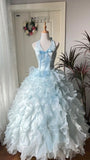 Charming Prom Dress Baby Blue Halter Ruffle Tiered Evening Dress Quinceanera Dress Ball Gown HZ0319