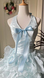Charming Prom Dress Baby Blue Halter Ruffle Tiered Evening Dress Quinceanera Dress Ball Gown HZ0319