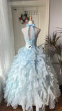 Charming Prom Dress Baby Blue Halter Ruffle Tiered Evening Dress Quinceanera Dress Ball Gown HZ0319