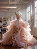 New Arrival Ball Gown Light Pink Sweetheart Pleated Tulle Ruffle Prom Dresses Evening Gown Quinceanera Dress HZ0319