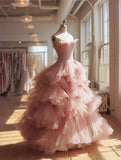 Chic Ball Gown Light Pink Strapless Pleated Tulle Tiered Prom Dresses Evening Gown Sweet 16 Dress HZ0319