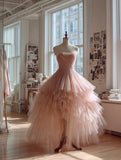 Cute Ball Gown Light Pink Strapless Pleated Tulle Tiered Prom Dresses Evening Gown Sweet 16 Dress HZ0319