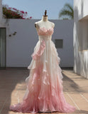 Pretty Prom Dress Ombre Spaghetti Straps Pleated Ruffle Formal Dresses Evening Dresses Gala Gown HZ0319