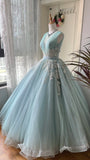 Pretty Ball Gown Light Blue Crew Neck Pleated Tulle Prom Dresses Evening Gala Gown Birthday Party Dress HZ0319