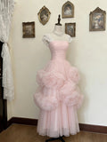 Pretty Prom Dress Light Pink Square Neck Tulle Formal Dresses Evening Dress Gala Gown HZ0319