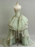 New Arrival Prom Dress Light Green Strapless Tulle Appiques Pleated Formal Dresses Evening Dress Gala Gown HZ0319