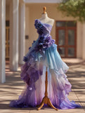Ombre Prom Dress One Shoulder Flower Pleated Birthday Party Outfits Evening Dress Gala Gown HZ0319