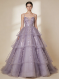 Shiny Ball Gown Purple Spaghetti Straps Pleated Tulle Prom Dresses 16th Dress Evening Gala Gown HZ0319