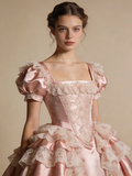 Light Pink Ball Gown Square Neck Lace Pleated Prom Dresses 17th Dress Evening Gala Gown HZ0319
