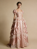 Light Pink Ball Gown Square Neck Lace Pleated Prom Dresses 17th Dress Evening Gala Gown HZ0319