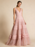 Chic Prom Dress Pink V-neck Pleated Tulle Birthday Party Outfits Gala Dress Evening Gown HZ0319