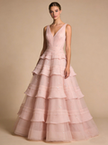 New Design Prom Dress Light Pink A Line V-neck Pleated Cocktail Outfits Gala Dress Evening Gown HZ0319