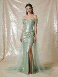 Light Green Prom Dress Off Shoulder Pleated Tulle Mermaid Birthday Party Outfits Gala Dress Evening Gown HZ0319