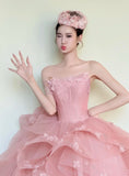 Fashion Ball Gown Light Pink Strapless Pleated Prom Dresses Sweet 16 Dress Evening Gala Gown HZ0319