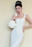 Elegant Prom Dress White Square Neck Sheath Beading Gala Dress Evening Gown Birthday Party Outfits HZ0319