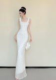 Elegant Prom Dress White Square Neck Sheath Beading Gala Dress Evening Gown Birthday Party Outfits HZ0319