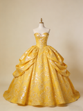Shiny Ball Gown Yellow Sweetheart Pleated Prom Dresses 18th Dress Evening Gala Gown HZ0319