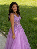 Morden Prom Dress A Line Purple Spaghetti Straps Pleated Tulle Long Gala Gown Evening Dress Party Outfits HZ0319