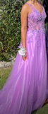Morden Prom Dress A Line Purple Spaghetti Straps Pleated Tulle Long Gala Gown Evening Dress Party Outfits HZ0319