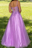 Morden Prom Dress A Line Purple Spaghetti Straps Pleated Tulle Long Gala Gown Evening Dress Party Outfits HZ0319