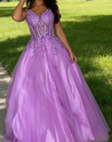 Morden Prom Dress A Line Purple Spaghetti Straps Pleated Tulle Long Gala Gown Evening Dress Party Outfits HZ0319