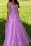 Morden Prom Dress A Line Purple Spaghetti Straps Pleated Tulle Long Gala Gown Evening Dress Party Outfits HZ0319