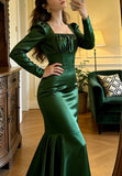 Elegant Prom Dress Dark Green Satin Square Neck Pleated Mermaid Gala Gown Evening Dress Graduation Outfits HZ0319