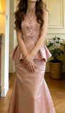 Pretty Prom Dress Pink Satin V-neck Mermaid Graduation Gala Gown Evening Dress Formal Outfits HZ0319