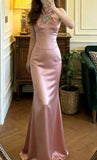 Pretty Prom Dress Pink Satin Halter Mermaid Gala Gown Graduation Evening Dress Formal Outfits HZ0319