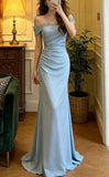 Elegant Prom Dress Light Blue Off Shoulder Pleated Gala Gown Formal Evening Dress Graduation Outfits HZ0319