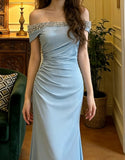 Elegant Prom Dress Light Blue Off Shoulder Pleated Gala Gown Formal Evening Dress Graduation Outfits HZ0319