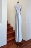 Elegant Prom Dress Satin Sliver V-neck Backless Gala Gown Evening Dress Birthday Party Outfits HZ0319