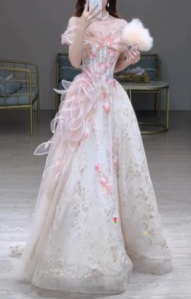 A Line Stunning Prom Dress Off Shoulder Floral Prom Dress Evening Gown Birthday Party Dress HZ0319