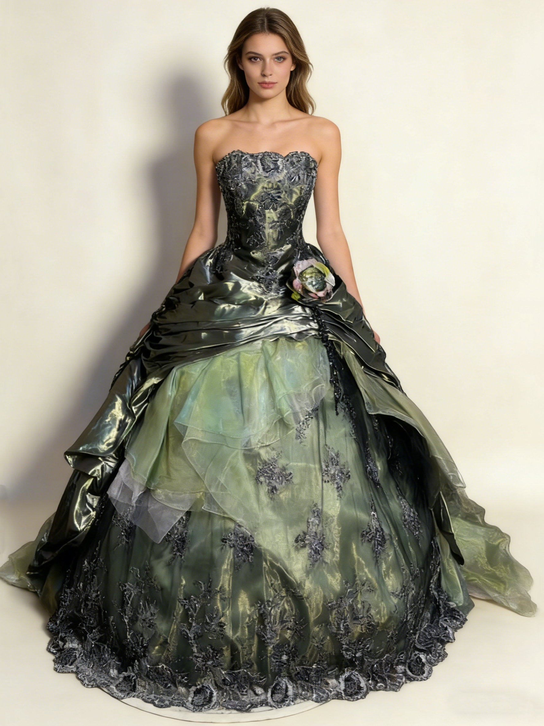 Green Strapless A-Line Satin Lace Long Evening Dress Birthday Ball Gown, HZ0319
