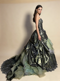 Green Strapless A-Line Satin Lace Long Evening Dress Birthday Ball Gown, HZ0319