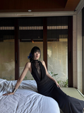 Black Lace High Collar Sheath Mermaid Women Date Dress Summer Long Dress HZ0319