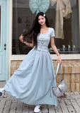 Beauty A Line Crew Neck Short Sleeves Pleated Long Wonmen Dress Summer Date Dress with Belt HZ0319