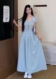 Beauty A Line Crew Neck Short Sleeves Pleated Long Wonmen Dress Summer Date Dress with Belt HZ0319